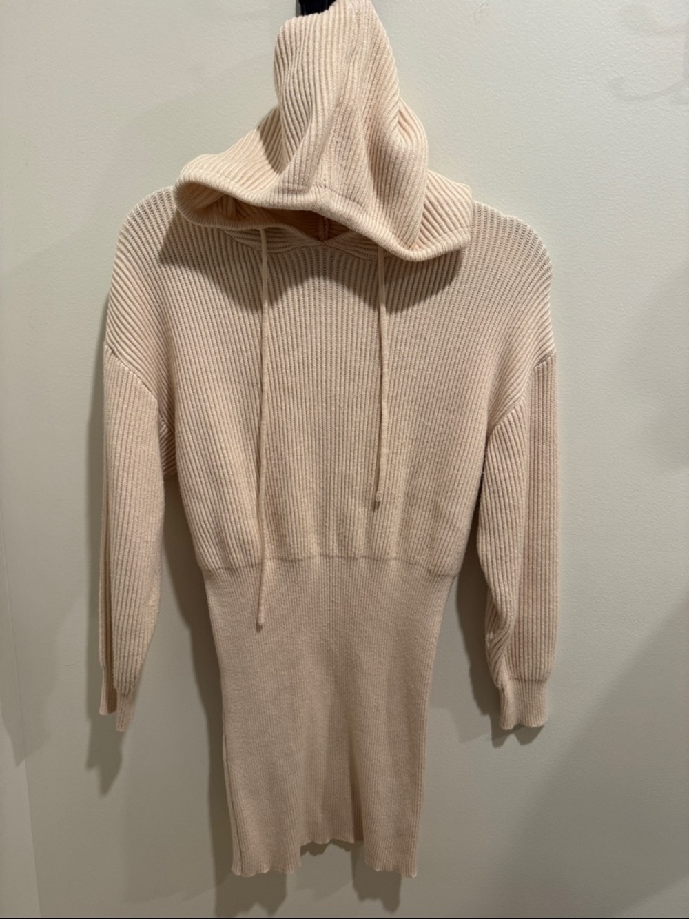 Women’s Cream Hooded Rib-Knit Sweater Dress